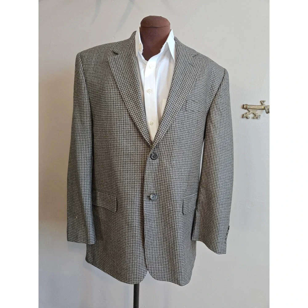 Chaps Mens Lambswool Sport Coat Blazer 42R Gray Houndstooth 2 Button Tweed